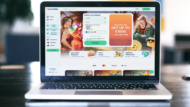 Dailyspins casino hovedside på notebook-skærmen