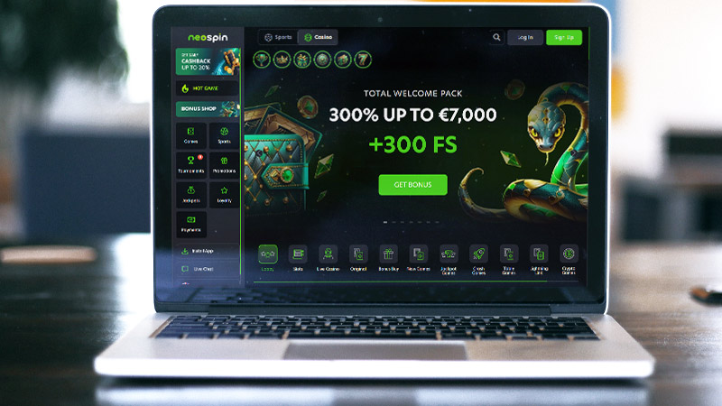 Neospin Casino hovedside på den bærbare computerskærm