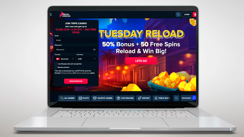 Trips Casino hovedside på den bærbare computerskærm