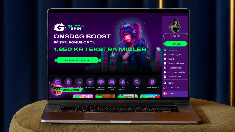 Glitchspin Casino hovedside på den bærbare computerskærm