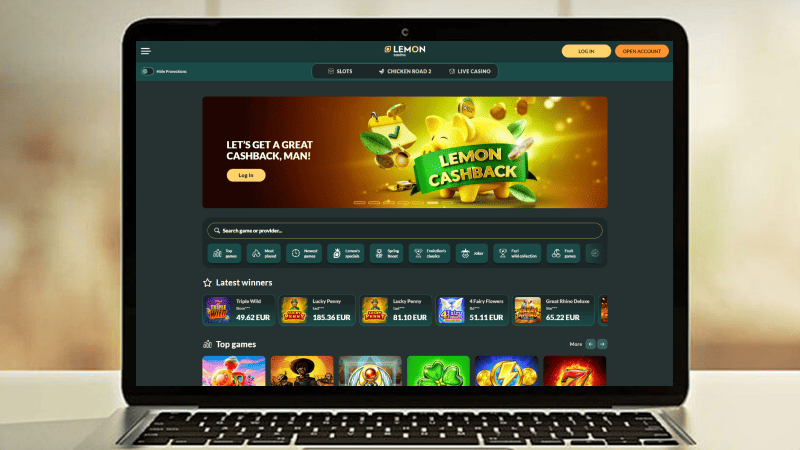Lemon Casino hovedside på den bærbare computerskærm