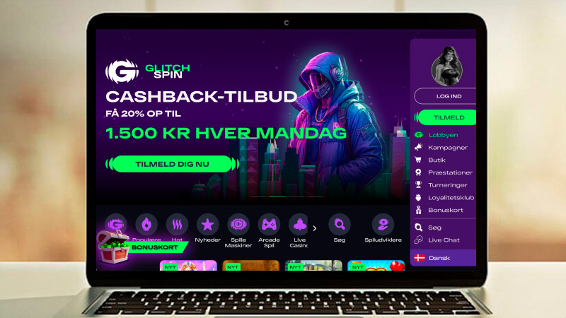 Glitchspin Casino hovedside på den bærbare computerskærm