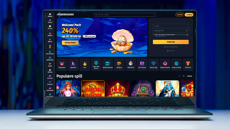 Forsiden af Winshark Casino vist p&aring; en b&aelig;rbar computer