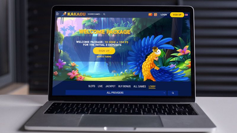 Kakadu Casino hovedside på den bærbare computerskærm