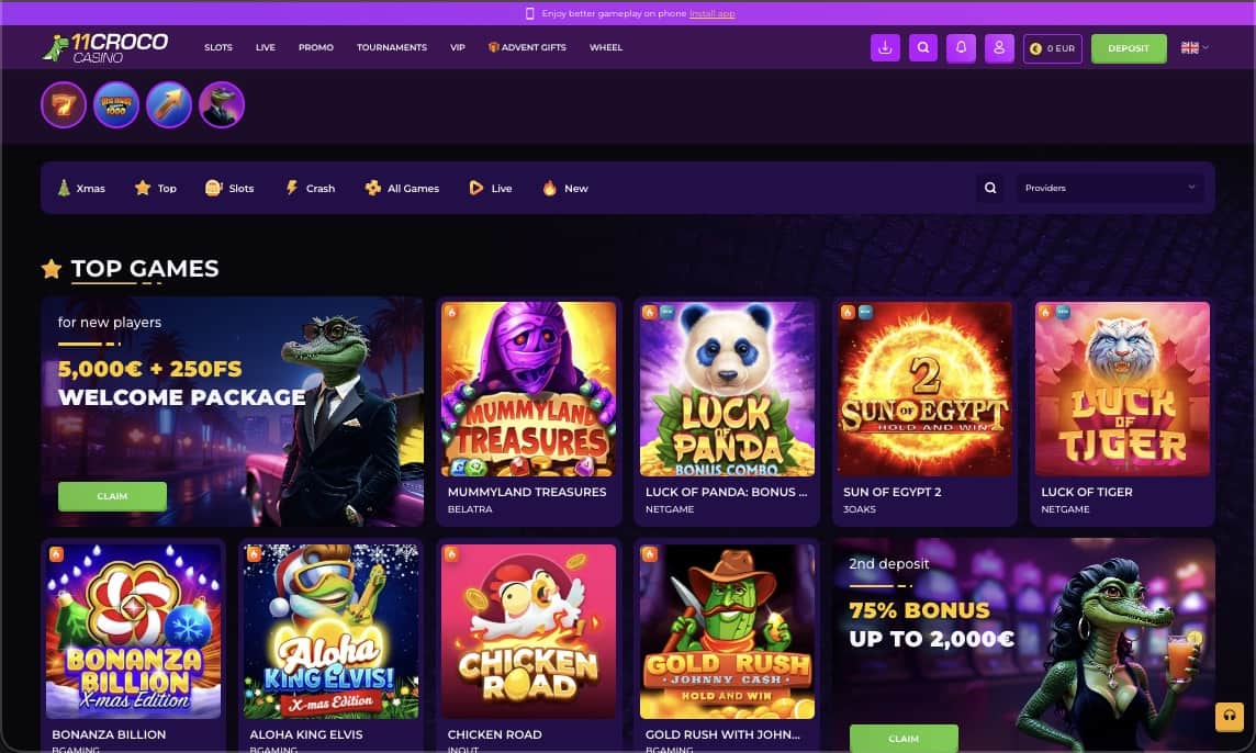 Hovedside på 11Croco Casino Site