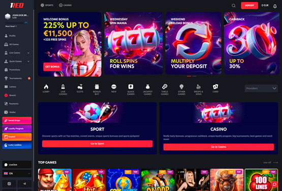 Hovedside på 1red Casino Site