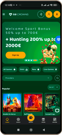 50crowns Casinos Hovedside på Mobilskærm