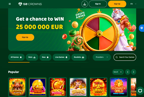 Hovedside på 50crowns Casino Site