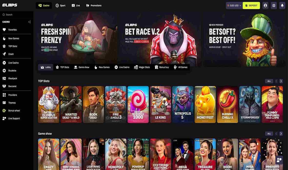 Hovedside på Claps Casino Site