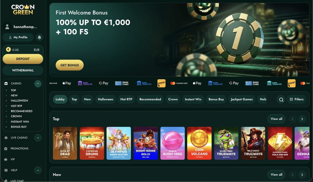 Hovedside på Crowngreen Casino Site