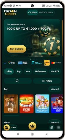 Crowngreen Casino Hovedside på Mobilskærm