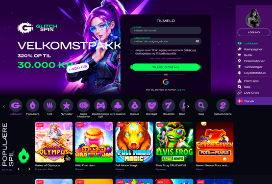 Hovedside på Glitchspin Casino Site