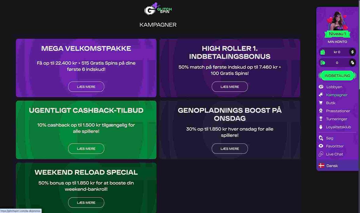 Bonusser og kampagner på Glitchspin Casino