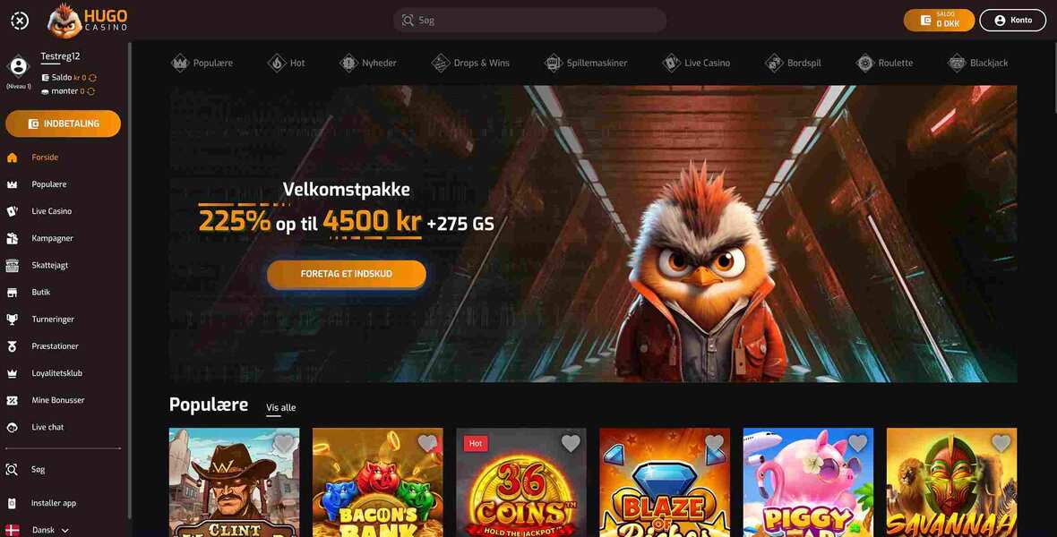 Hovedside på Hugo Casino Site