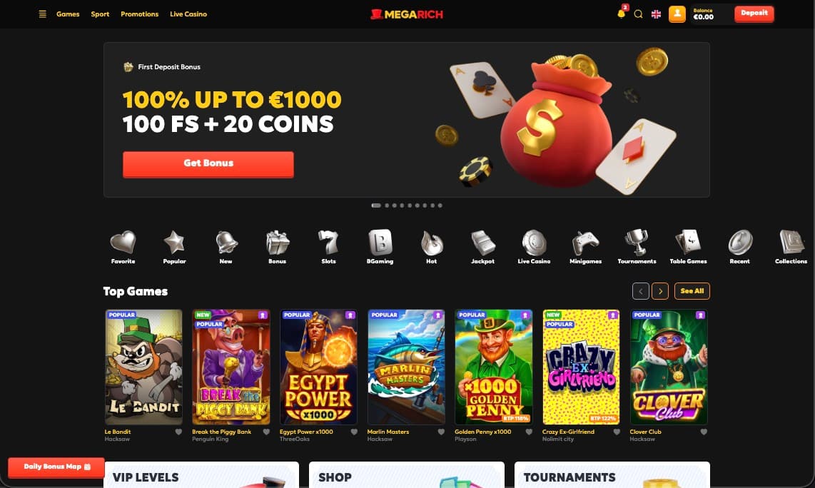 Hovedside på Megarich Casino Site