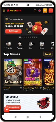 Megarich Casino Hovedside på Mobilskærm