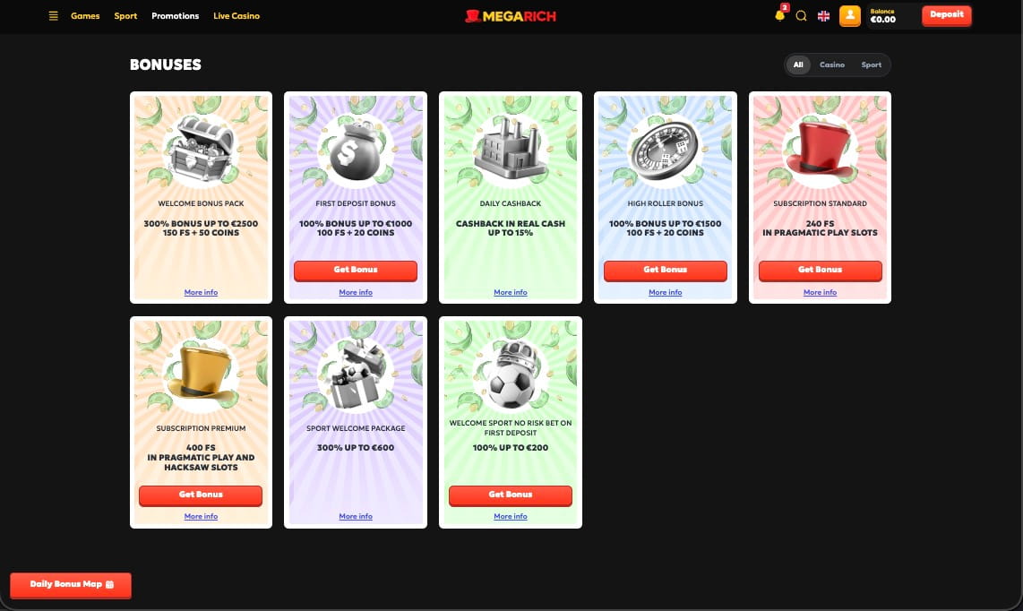 Bonusser og kampagner på Megarich Casino