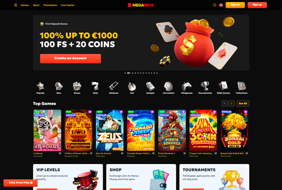 Hovedside på Megarich Casino Site