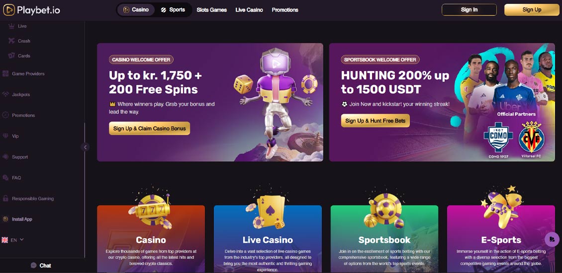 Hovedside på Playlet.io Casino Site