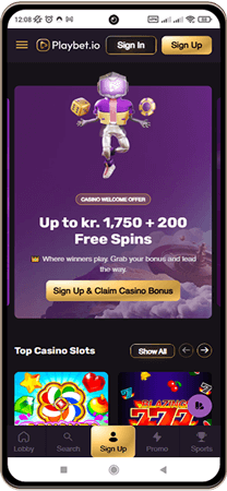 Playbet.io Casino hovedskærm på mobil