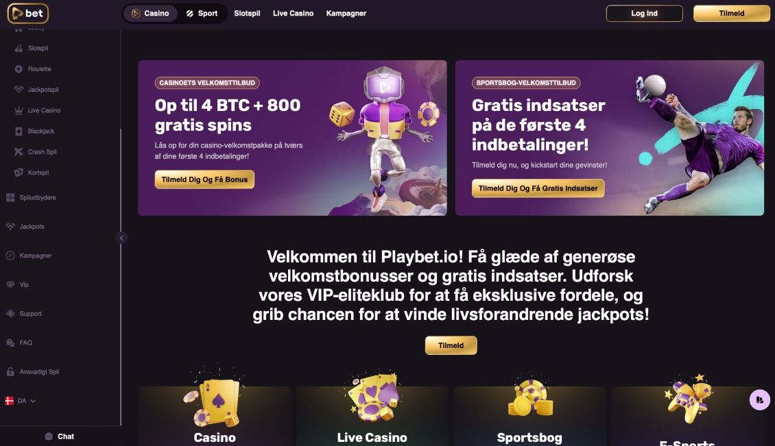 Hovedside på Playlet.io Casino Site