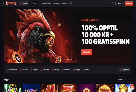 Hovedside på Rooster bet Casino Site