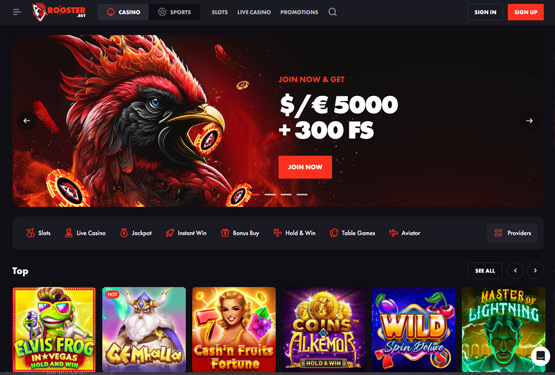 Hovedside på Rooster bet Casino Site