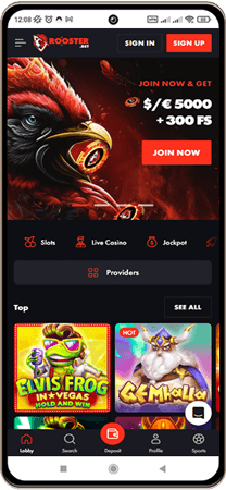 Rooster bet Casinos Hovedside på Mobilskærm