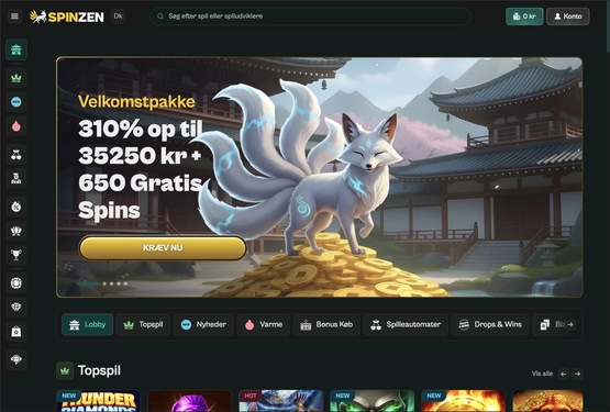 Hovedside på Spinzen Casino Site