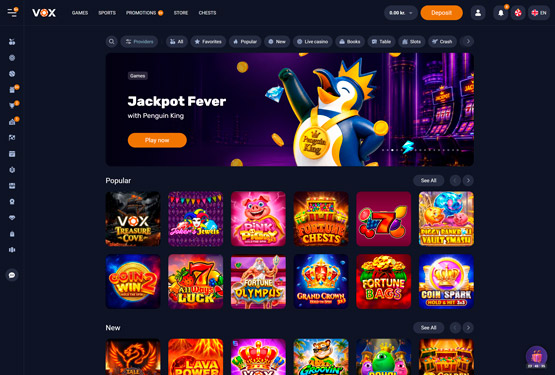 Hovedside på Vox Casino Site