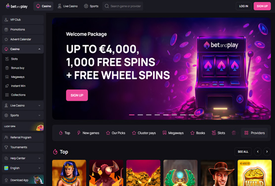 Hovedside på Betandplay Casino Site