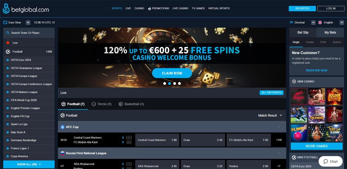 Hovedside på BetGlobal Casino Site
