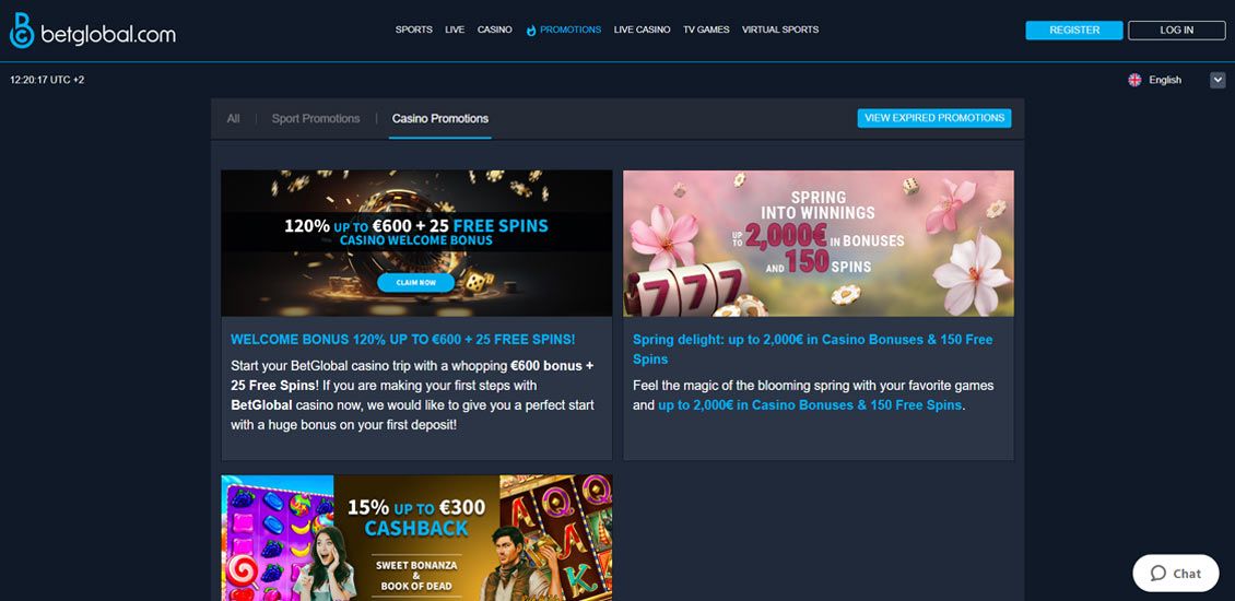 Bonussiden på Betglobal Casino-webstedet