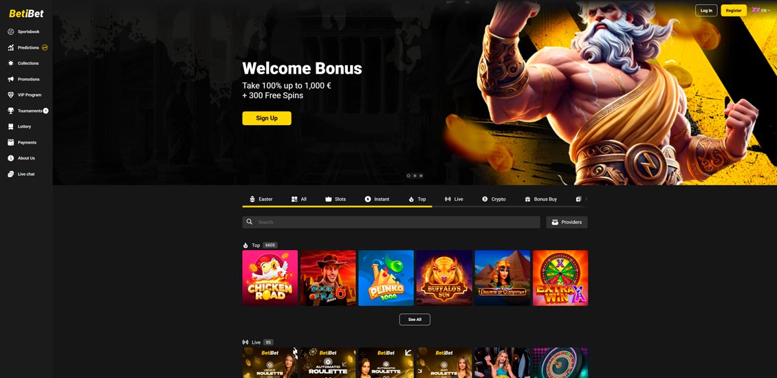 Hovedside på Betibet Casino Site