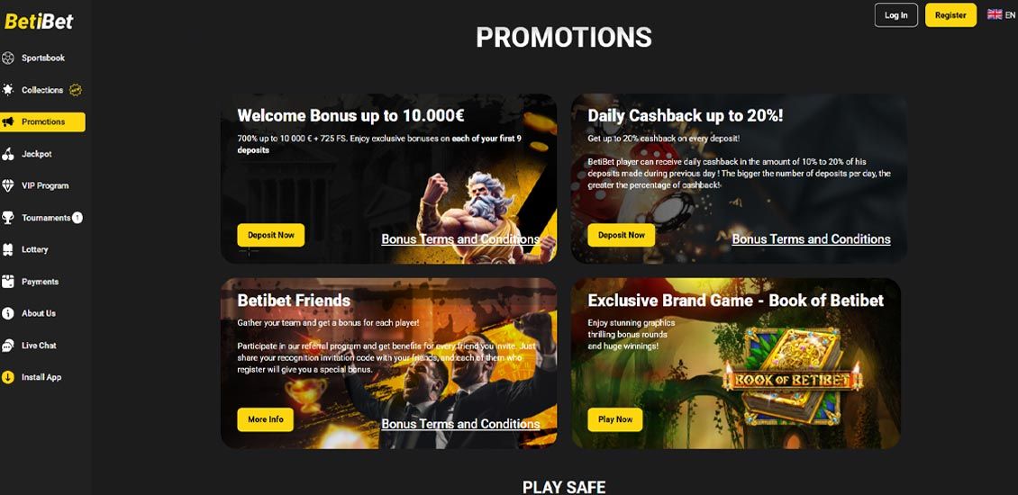 Bonussiden på Betibet Casino -webstedet