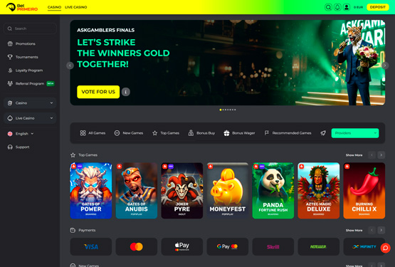 Hovedside på BetPrimeiro Casino Site