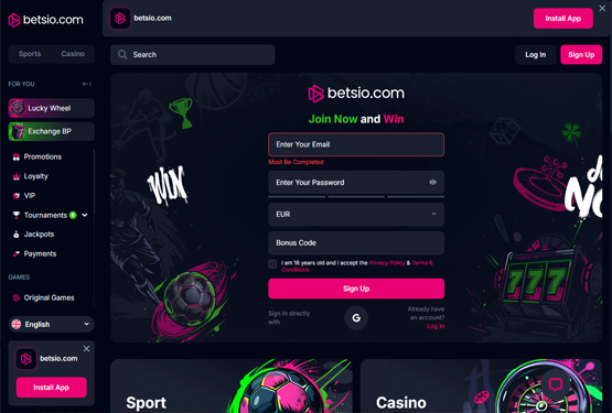 Hovedside på Betsio Casino Site