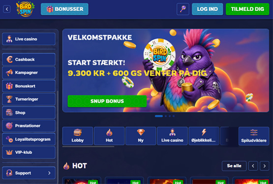 Hovedside på Birdspin Casino Site