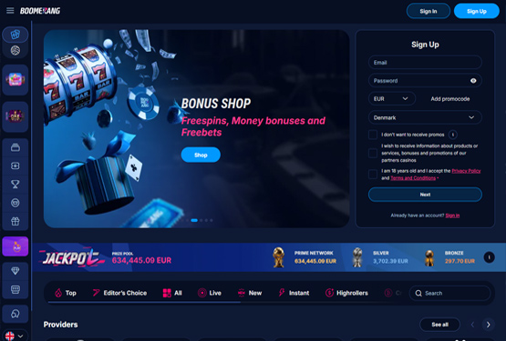 Hovedside på Boomerang Bet Casino Site