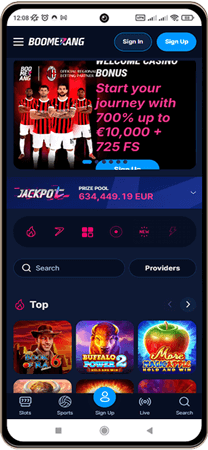 Boomerang Bet Casinos Hovedside på Mobilskærm