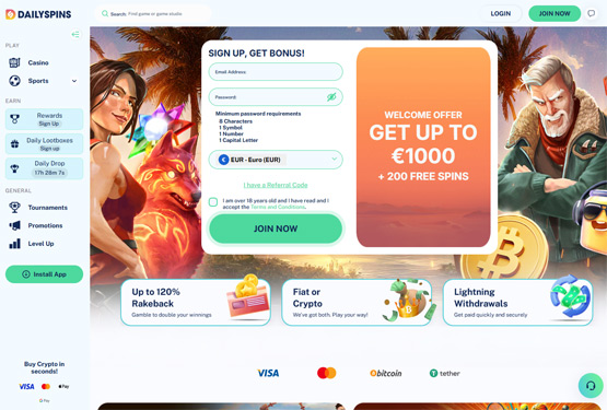 Hovedside på Dailyspins Casino Site