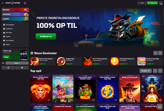 Hovedside på Luckycapone Casino Site