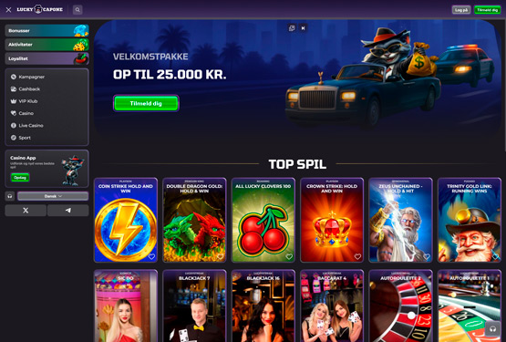 Hovedside på Luckycapone Casino Site