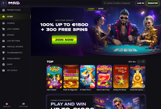 Hovedside på Madcasino Site