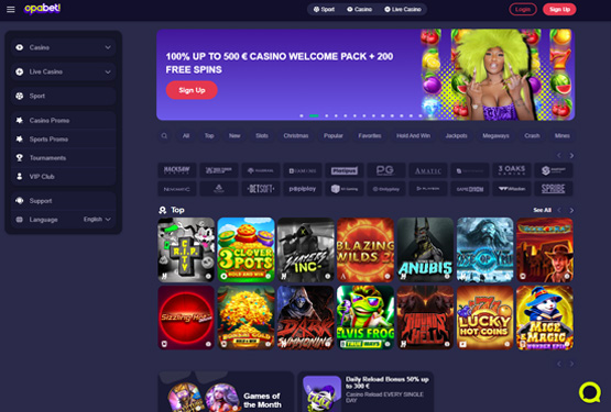 Hovedside på Opabet Casino Site