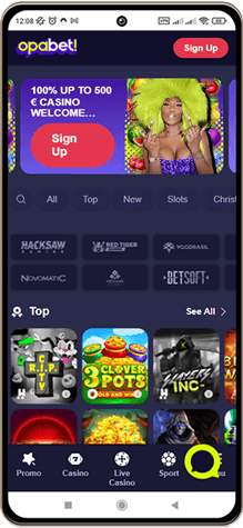 Opabet Casinos Hovedside på Mobilskærm