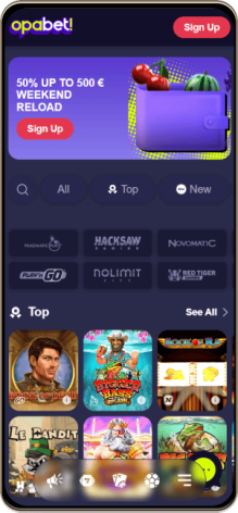 Opabet Casinos Hovedside på Mobilskærm