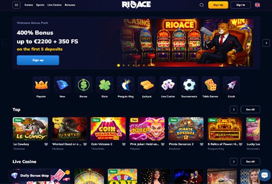 Hovedside på Rioace Casino Site