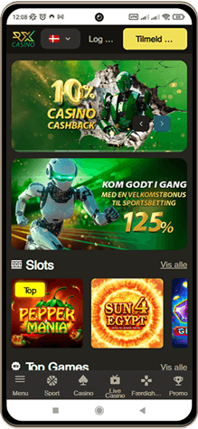 RX Casino Hovedside på Mobilskærm