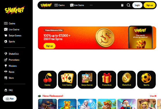 Hovedside på Shakebet Casino Site